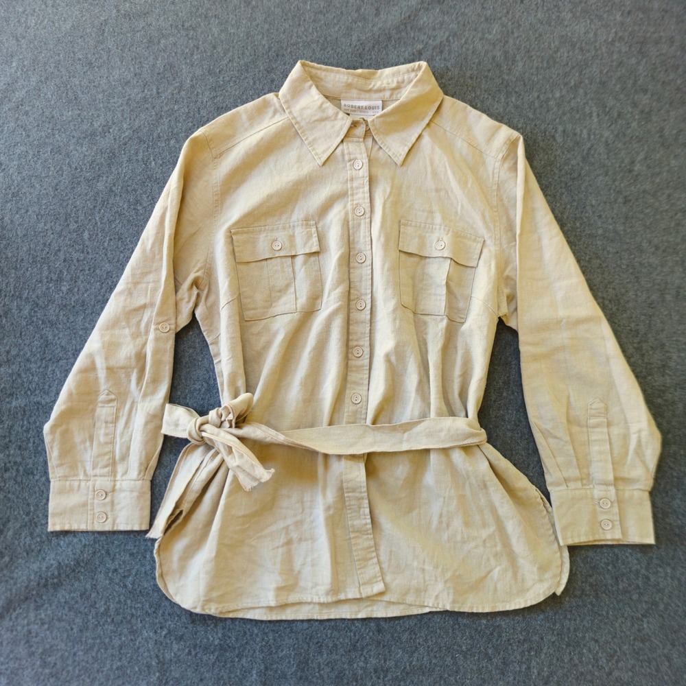 Robert Louis Linen Button Down Size PL Tan Belted Roll Tab Safari Tunic EUC